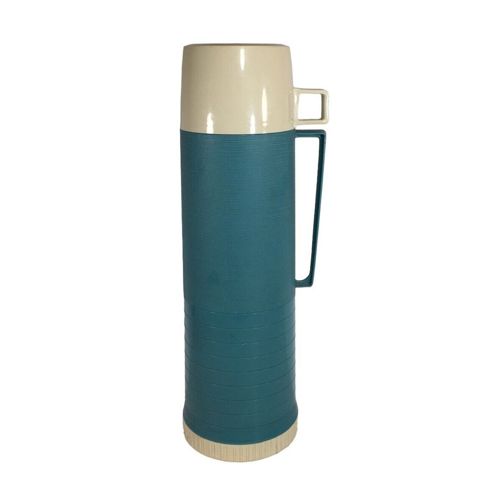 Vtg Aladdin Thermos Aqua Turquoise Glass Lined Hot & Cold Retro 60s 70s w/ Cup